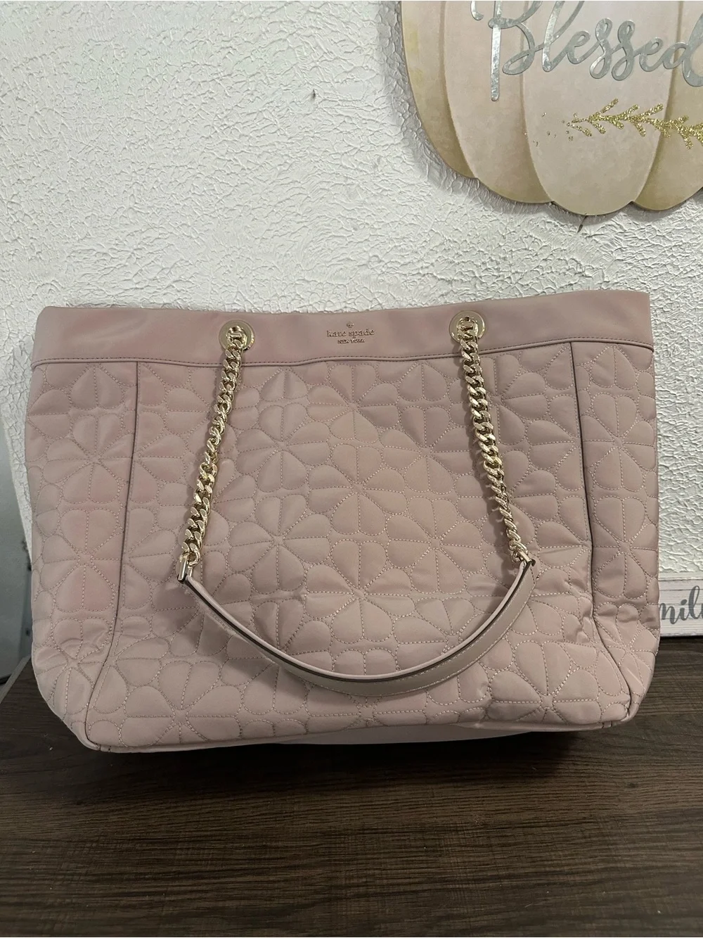 kate spade flower Quilted Blush Pink Tote with Gold Chain Straps
